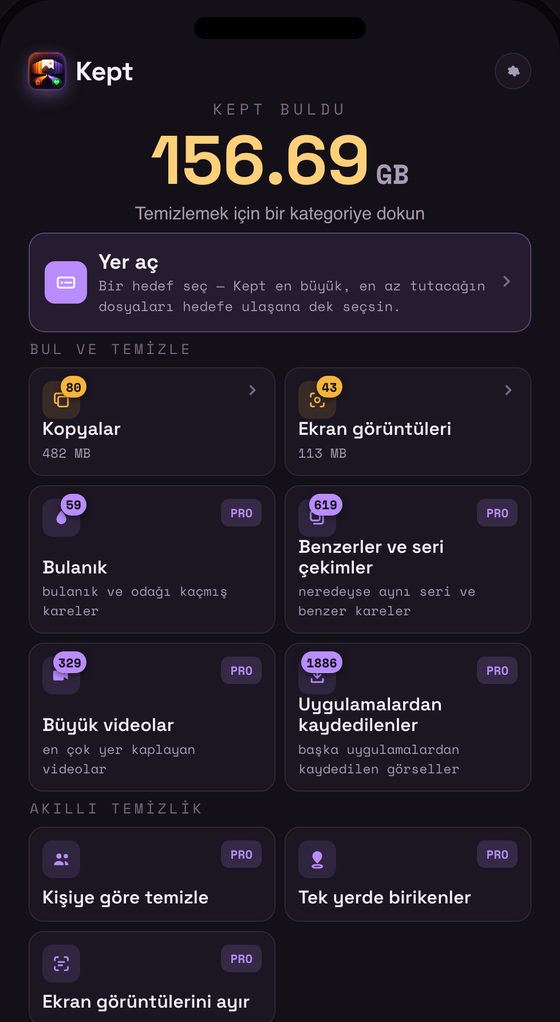 Kept ana ekranı: 'Kept 156,69 GB buldu' ve temizlenecek kategoriler