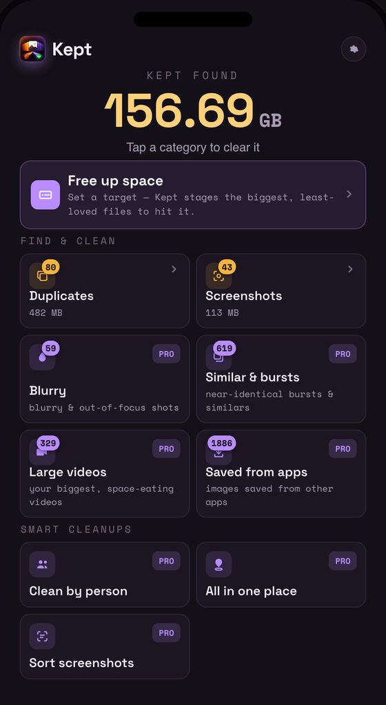 Kept's home screen reading 'Kept found 156.69 GB' with categories to clear