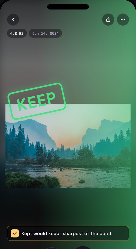 Kept judging a photo on-device: a KEEP stamp and the verdict 'Kept would keep · sharpest of the burst.'