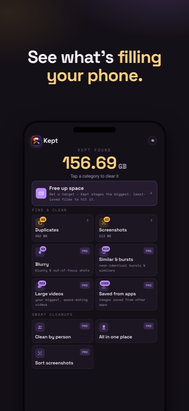 Kept's home screen showing gigabytes found to clear, grouped by category.