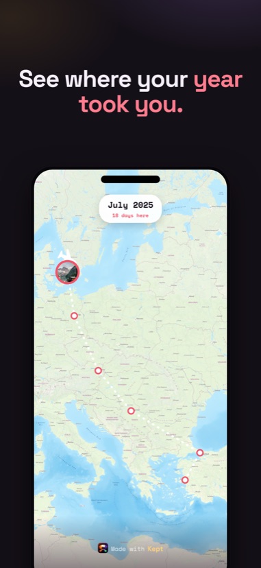 Kept Labs — Travel Map, Orbit and Timelapse built on-device from your photos.